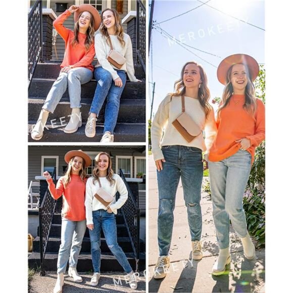 Women's Fall Long Balloon Sleeve Crew Neck Sweater: Soft Waffle Knit - Picture 4 of 7